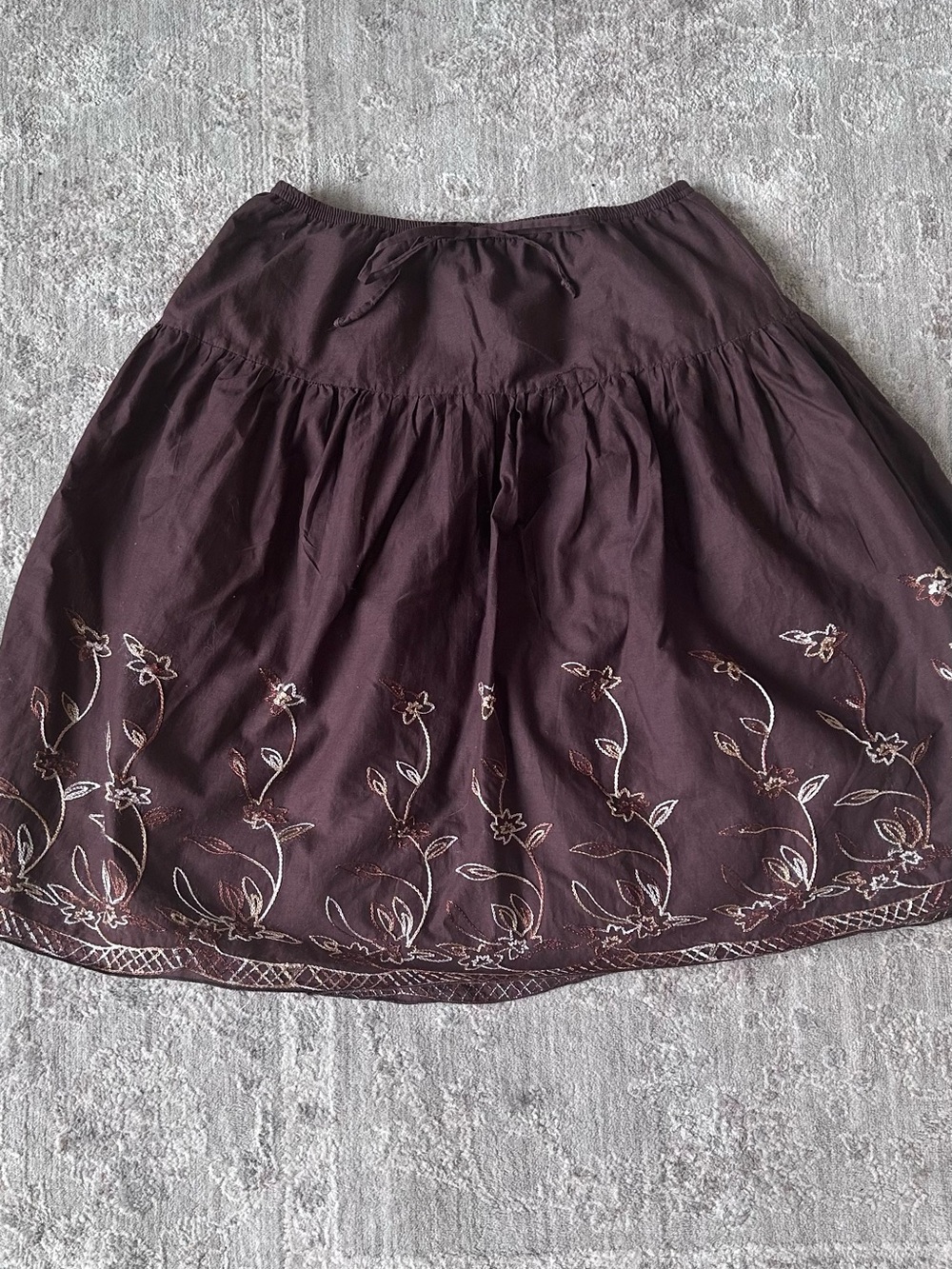 JKLA California Womens M Cotton Brown Floral Embroidered Skirt Elastic Waist Tie